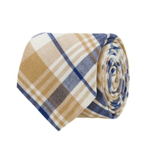 Voliza Classic Beige & Navy Plaid Cotton Neck Tie